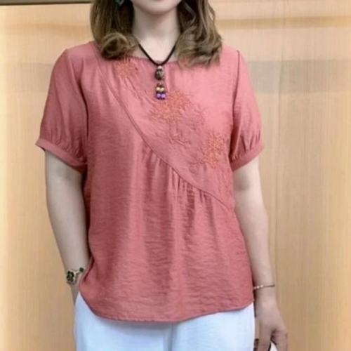 亞麻刺繡短袖T